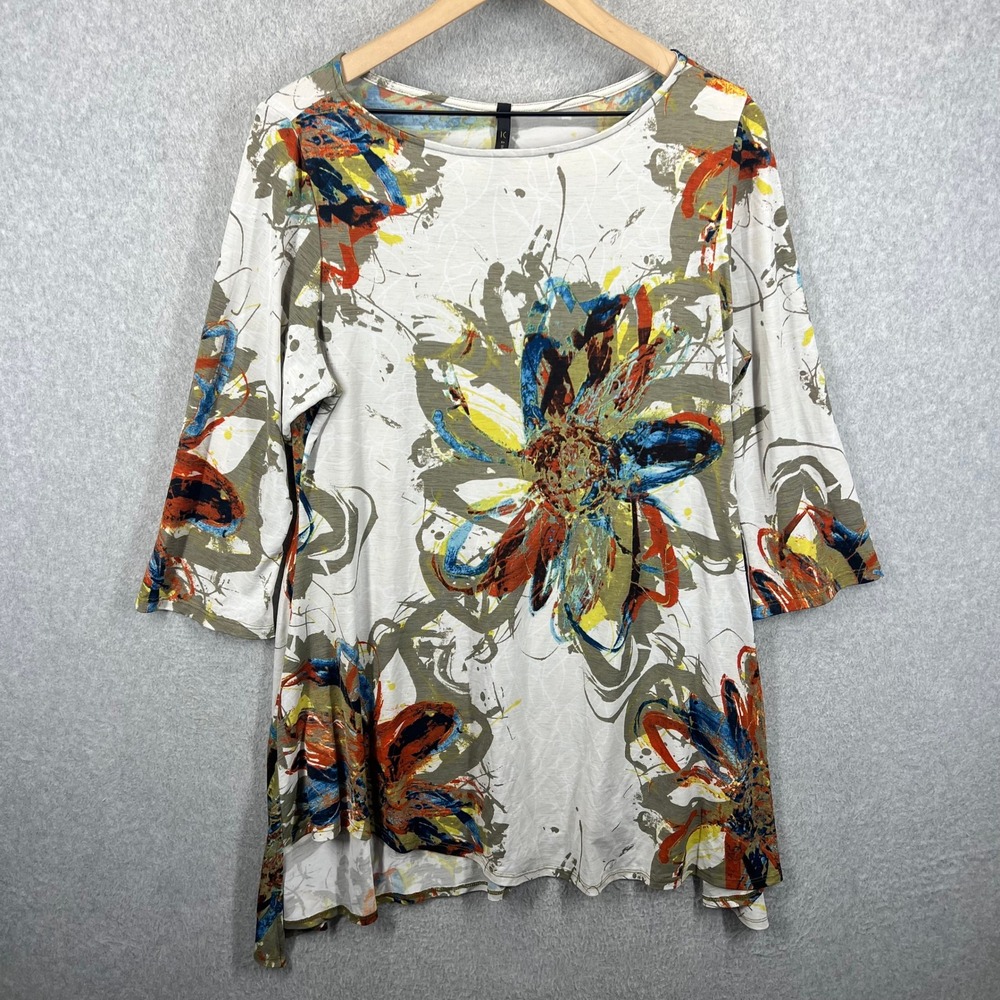 IC by Connie K Tunic Top Women M Multicolor Floral 3/4 Sleeve Abstract Slub EUC